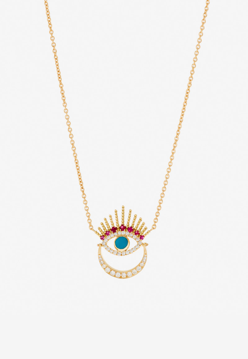 Falamank Written In The Stars Collection Serene Night - Moon Evil Eye Diamond Necklace in 18-karat Yellow Gold NK576