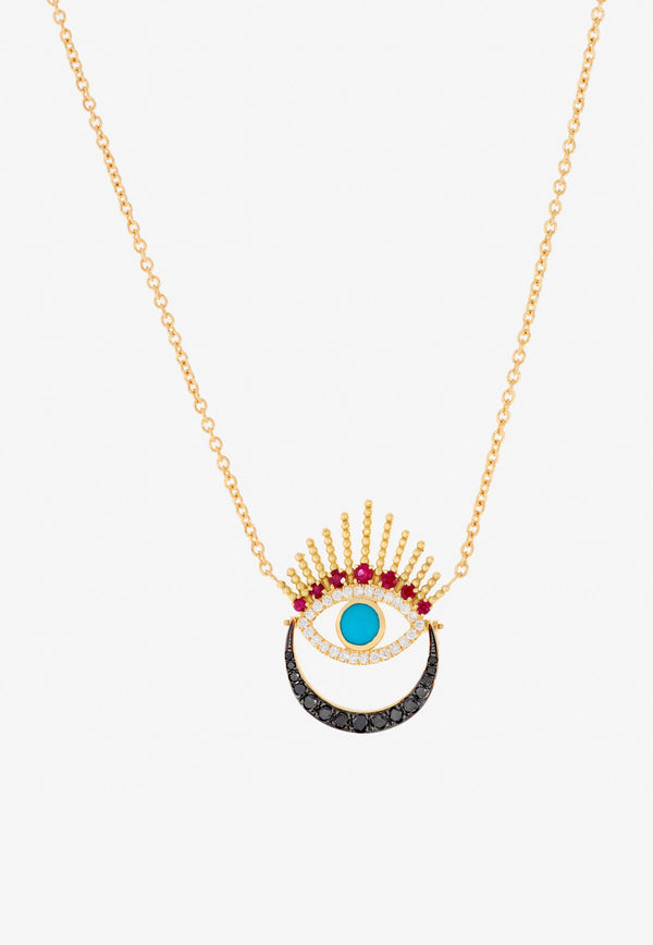 Falamank Written In The Stars Collection Serene Night - Moon Evil Eye Diamond Necklace in 18-karat Yellow Gold NK577