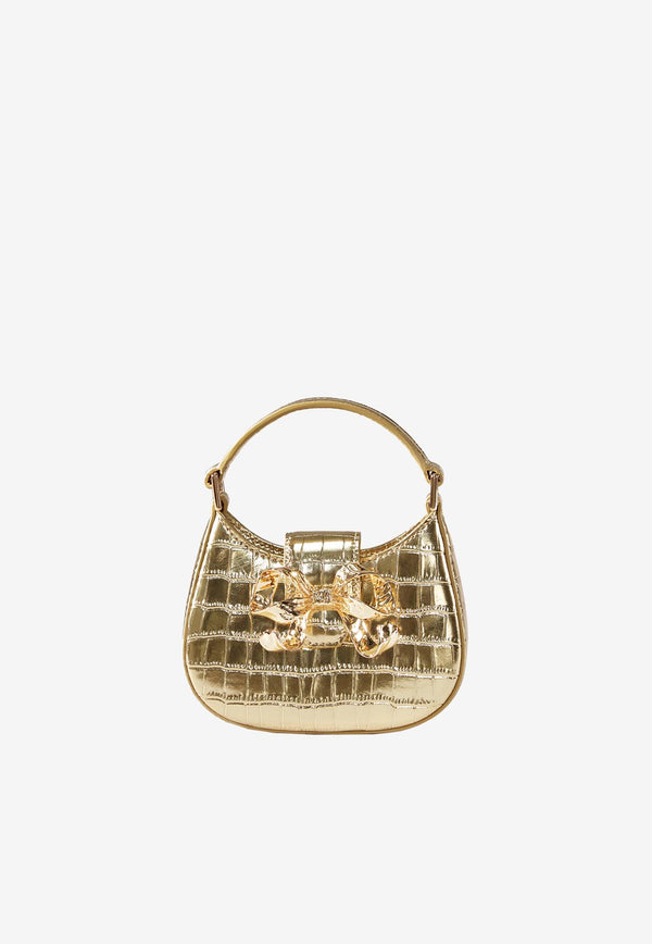 Self-Portrait Micro Bow Top Handle Bag in Croc Embossed Metallic Leather PF23-303-GDGOLD