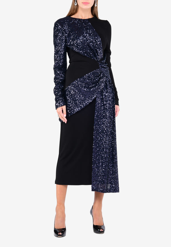 Colorblock Sequined Midi Dress with Front Knot