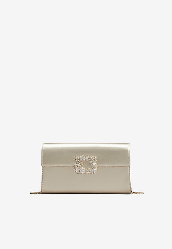 Roger Vivier Crystal Flower Buckle Clutch in Metallic Leather RBWAMFD0200H0VG203 G203 Gold