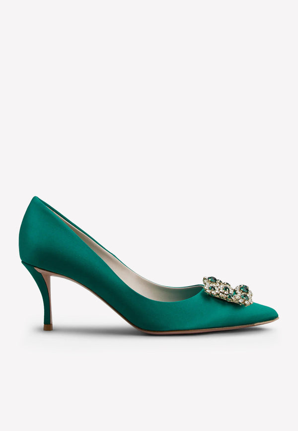 Roger Vivier 65 Flower Strass Buckle Pumps in Satin RVW41417620RS09991 9991 Green