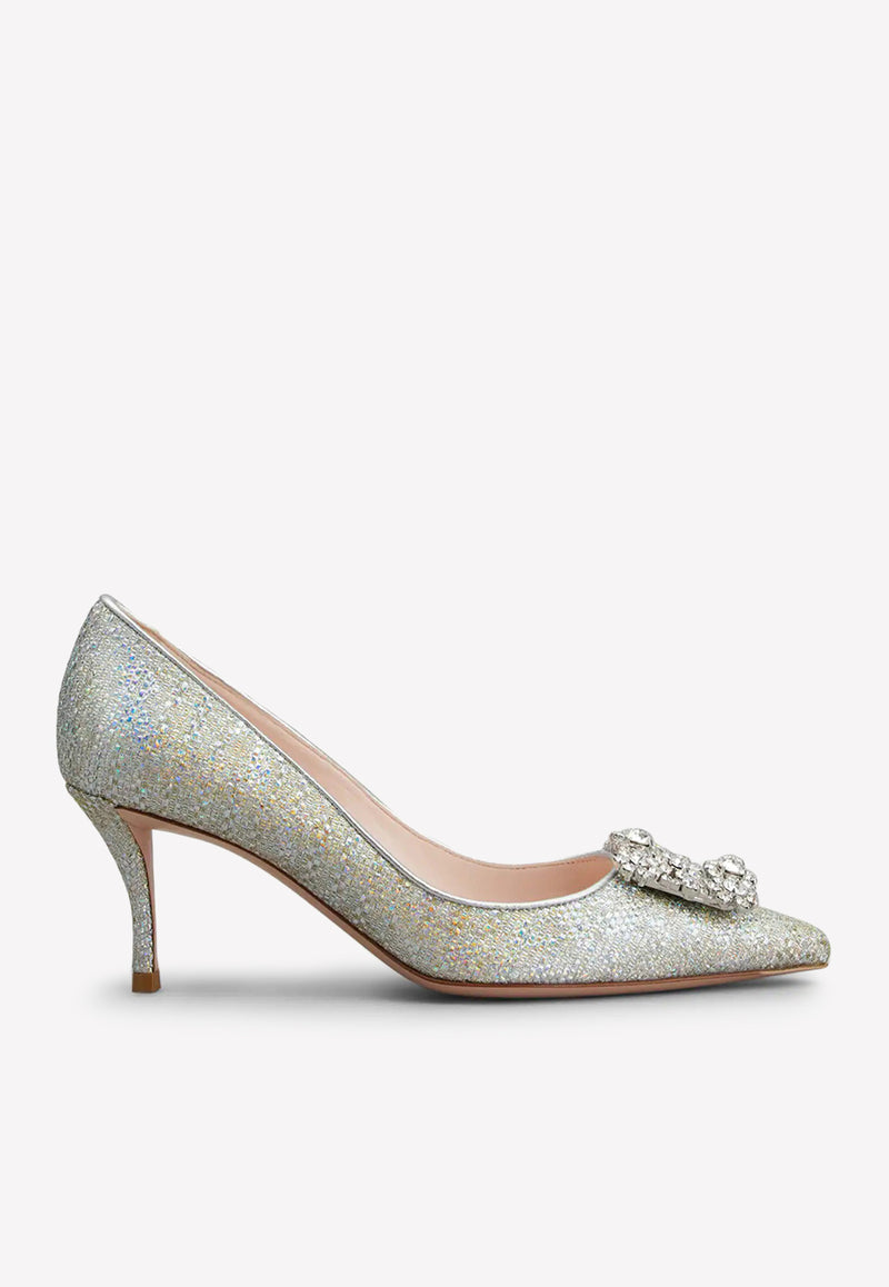 65 Crystal-Embellished Flower Strass Buckle Pumps Roger Vivier RVW41428200RDHB200 Silver