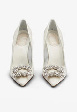 Roger Vivier 100 Flower Strass Buckle Pumps in Satin Off-white RVW41917620RS0C001 C001