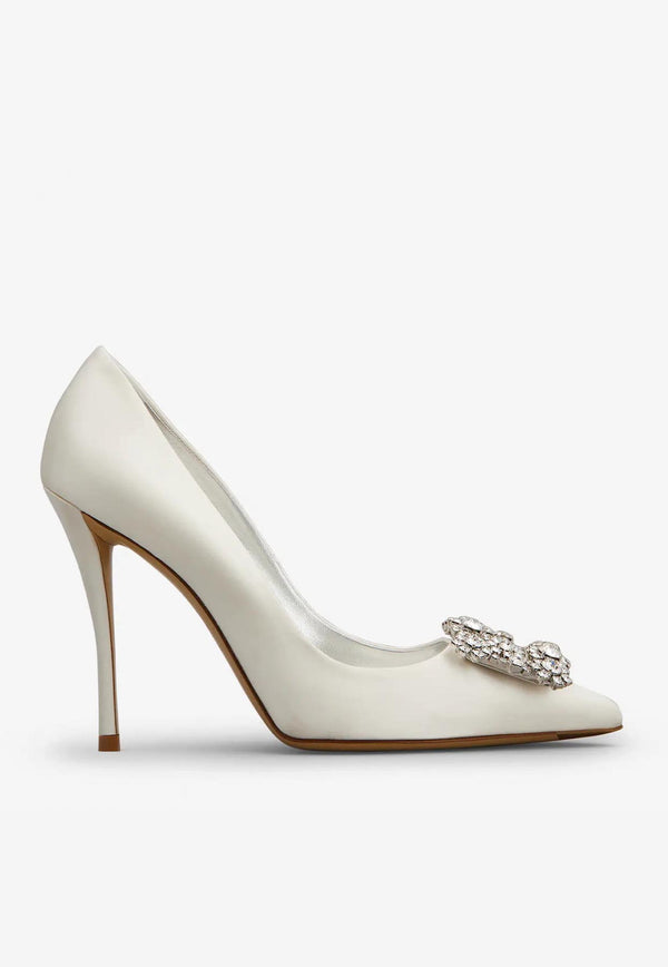 Roger Vivier 100 Flower Strass Buckle Pumps in Satin Off-white RVW41917620RS0C001 C001