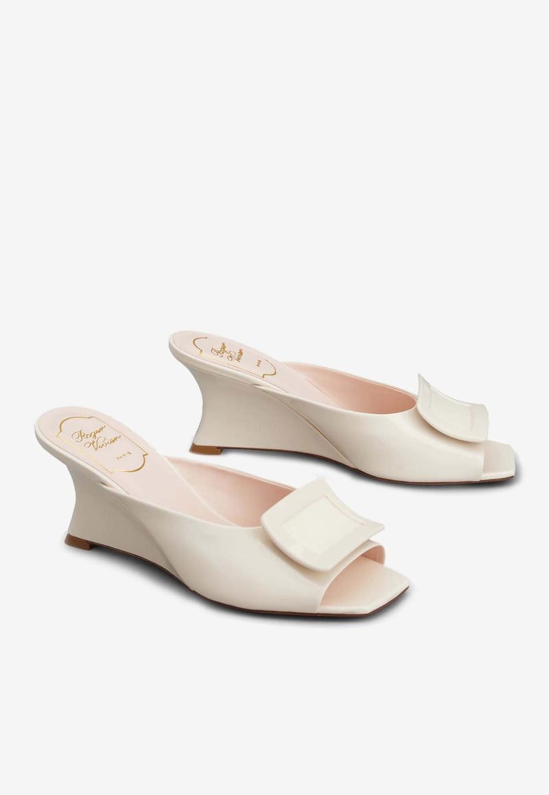 Roger Vivier Belle Vivier 65 Lacquered Buckle Wedge Mules in Patent Leather Off-White RVW61633360D1PC019 C019