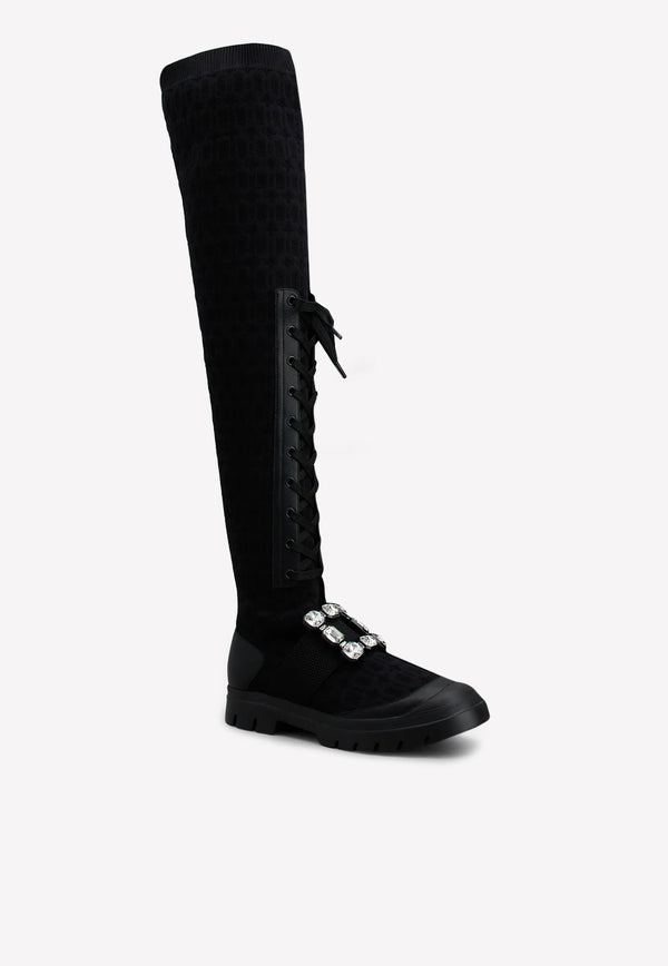 Walky Viv' Strass Buckle Knee-High Boots in Fabric and Leather Roger Vivier RVW62833680ERIB999 Black