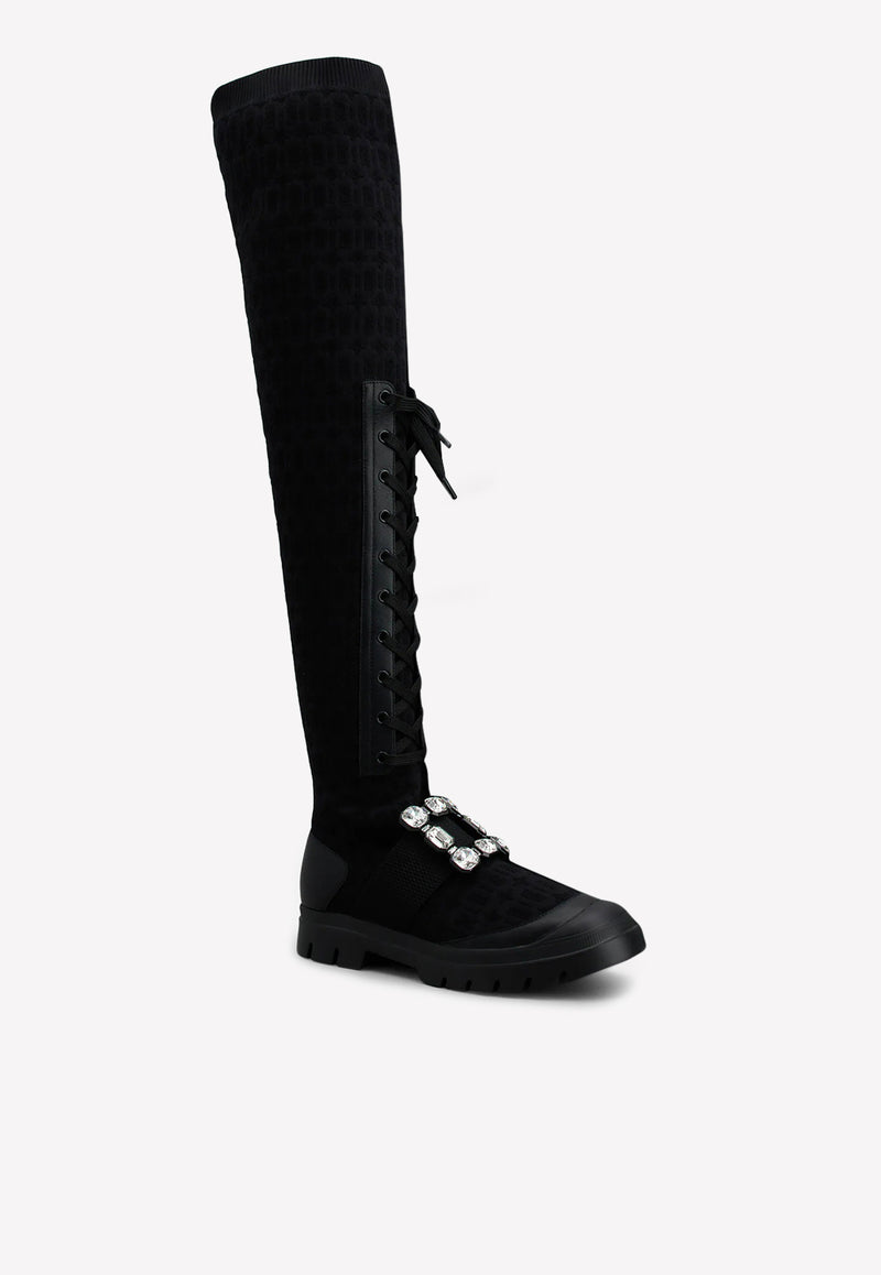 Walky Viv' Strass Buckle Knee-High Boots in Fabric and Leather Roger Vivier RVW62833680ERIB999 Black