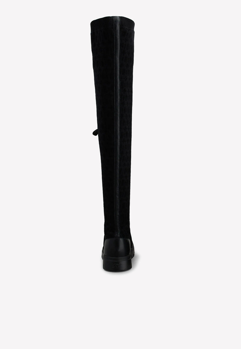 Walky Viv' Strass Buckle Knee-High Boots in Fabric and Leather Roger Vivier RVW62833680ERIB999 Black