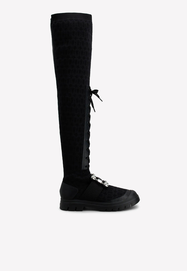 Walky Viv' Strass Buckle Knee-High Boots in Fabric and Leather Roger Vivier RVW62833680ERIB999 Black