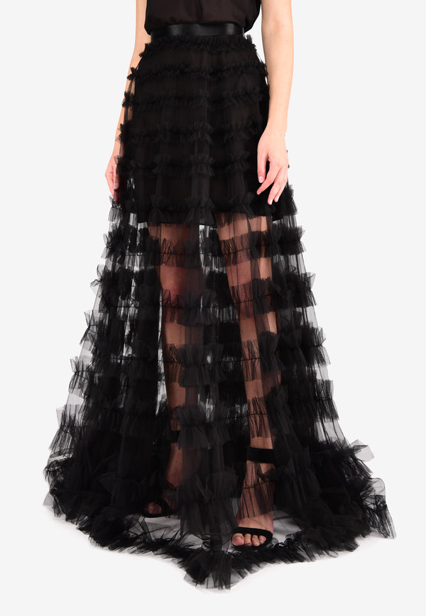 Rachel Gilbert Black Eira Ruffled Floor-Length Skirt 17SSRG70050.BLK