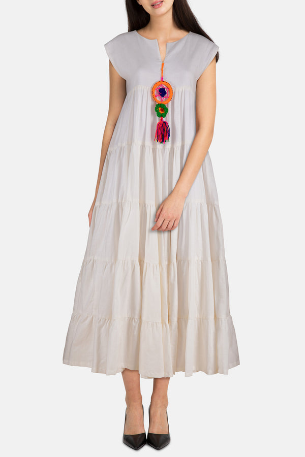 Colored Pom Pom Dress in Tiered Silhouette