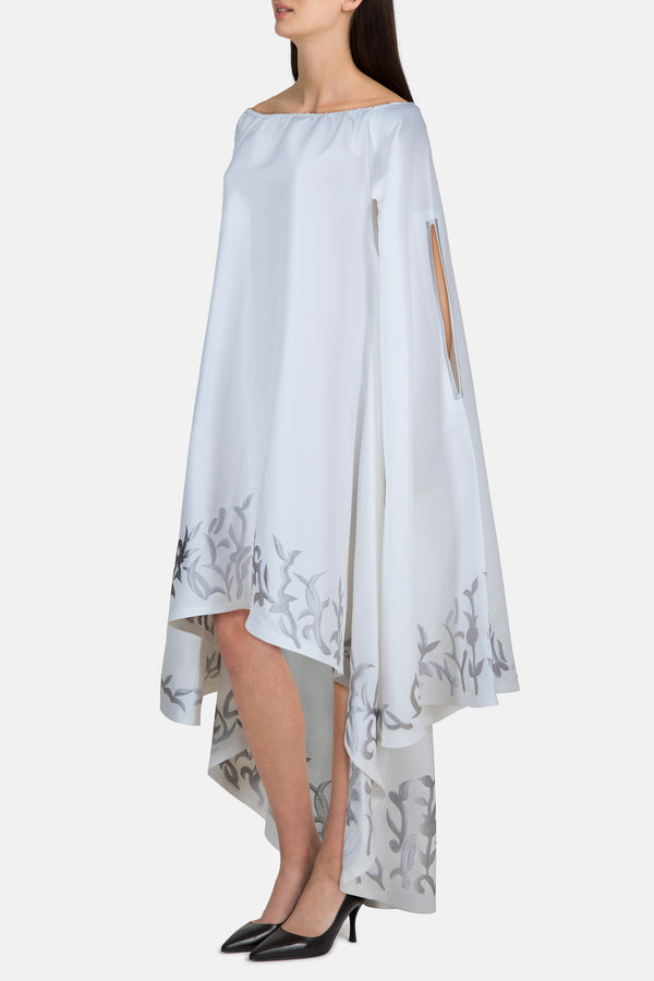 Off-Shoulder Embroidered High-Low Kaftan with Flared Sleeves