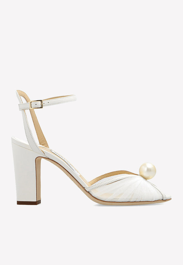 Jimmy Choo Sacaria 100 Pearl Embellished Tulle Sandals Ivory SACARIA 85 BCB IVORY/WHITE