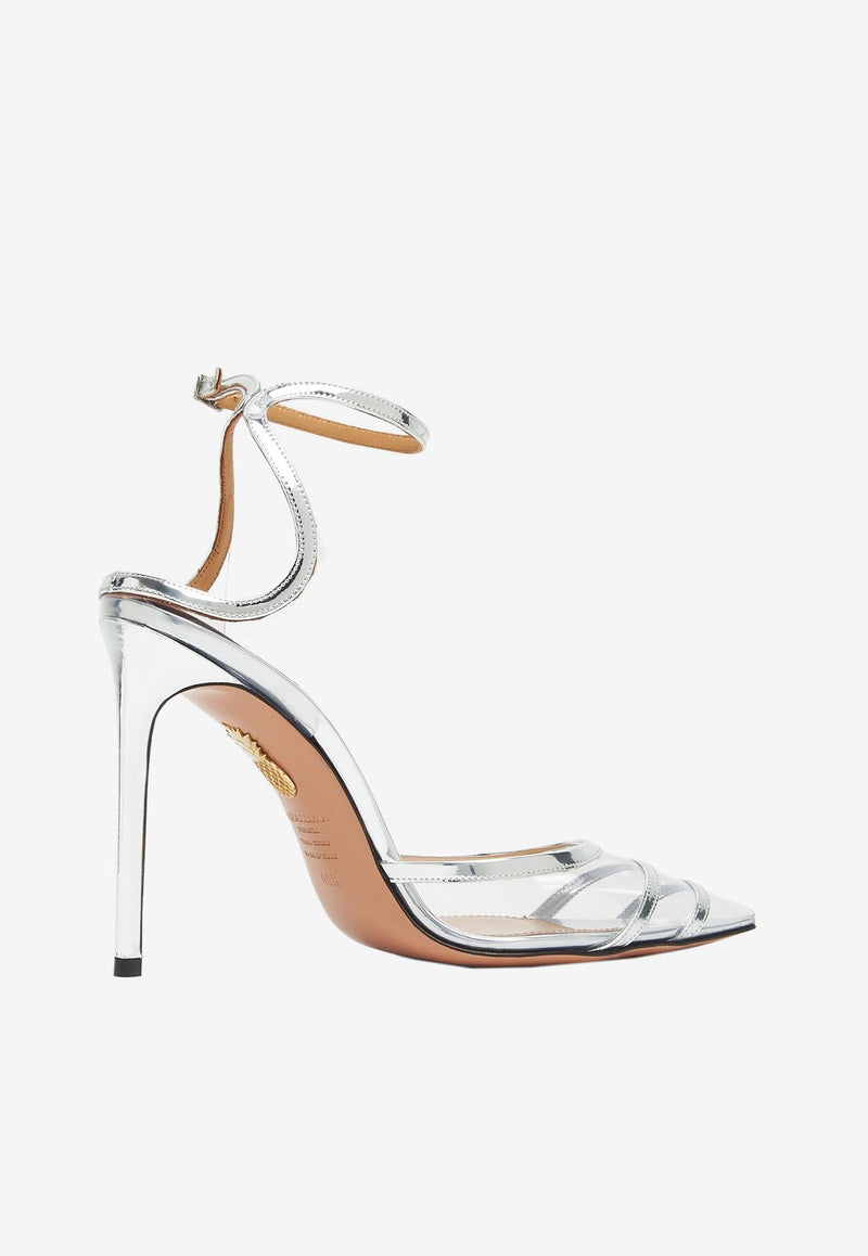 Aquazzura Sting 105 Pumps in Leather and PVC SNGHIGP0-SPPCCC SILVER Silver