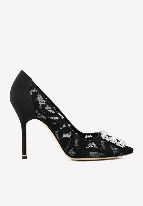 Manolo Blahnik Hangisi 105 Lace Pumps with CLC Crystal Buckle 9XX-0693BLACK
