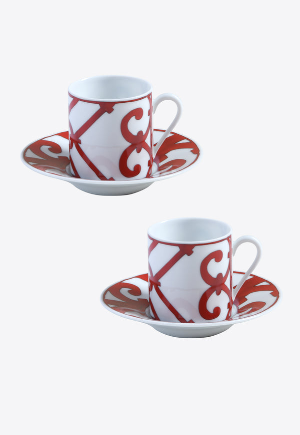 Hermès Balcon Du Guadalquivir Coffee Cup and Saucer- Set of 2 Red
