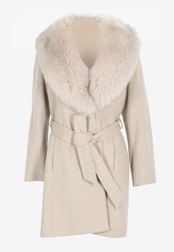Sofia Cashmere by Dale Dressin Fox Fur Trimmed Belted Wool Coat Beige