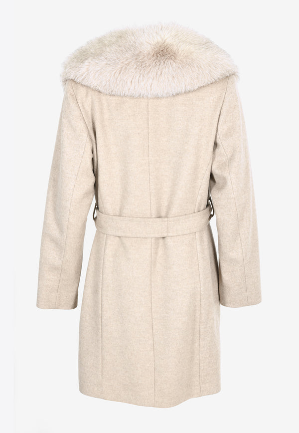 Sofia Cashmere by Dale Dressin Fox Fur Trimmed Belted Wool Coat Beige