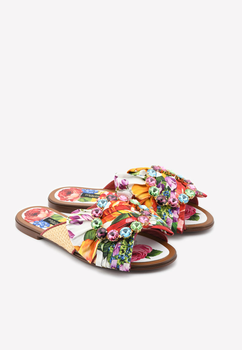 Dolce & Gabanna Bianca Floral Flat Sandals with Crystal Buckle Multicolor CQ0351 AX440 HA1AK