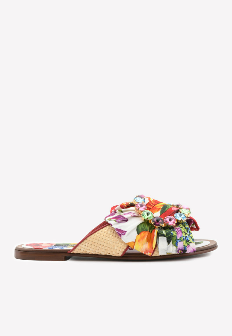 Dolce & Gabanna Bianca Floral Flat Sandals with Crystal Buckle Multicolor CQ0351 AX440 HA1AK