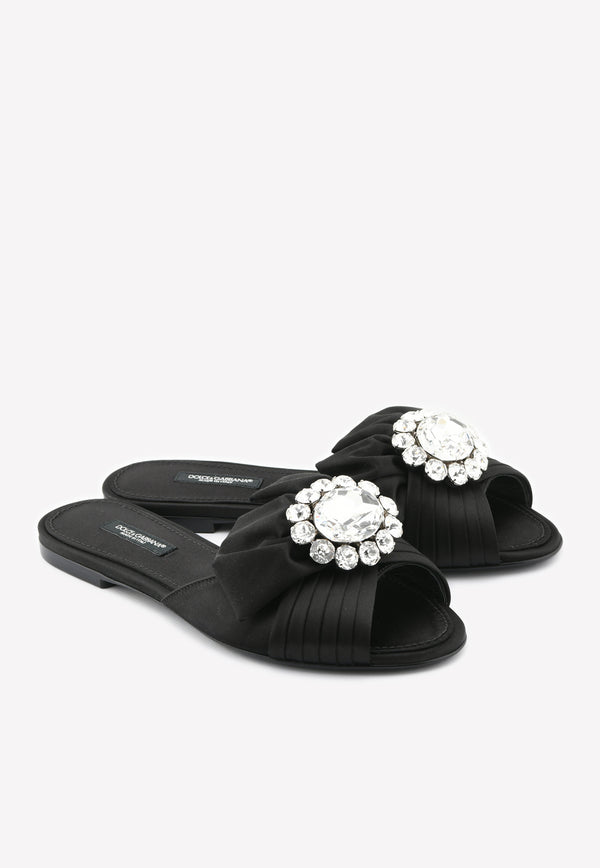 Dolce & Gabanna Bianca Crystal Buckle Satin Flat Sandals Black CQ0293 A7630 80999