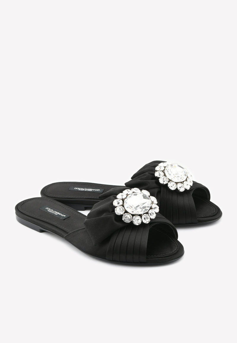 Dolce & Gabanna Bianca Crystal Buckle Satin Flat Sandals Black CQ0293 A7630 80999