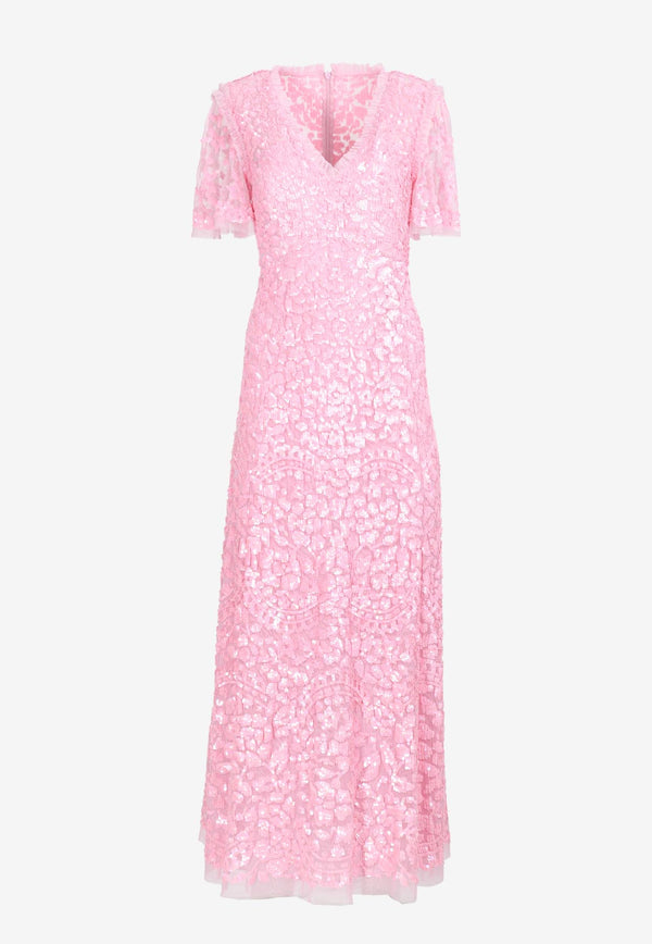 Needle & Thread Daphne Sequined V-neck Ankle Gown Pink DG-SS-23-RSS23-BRPPINK