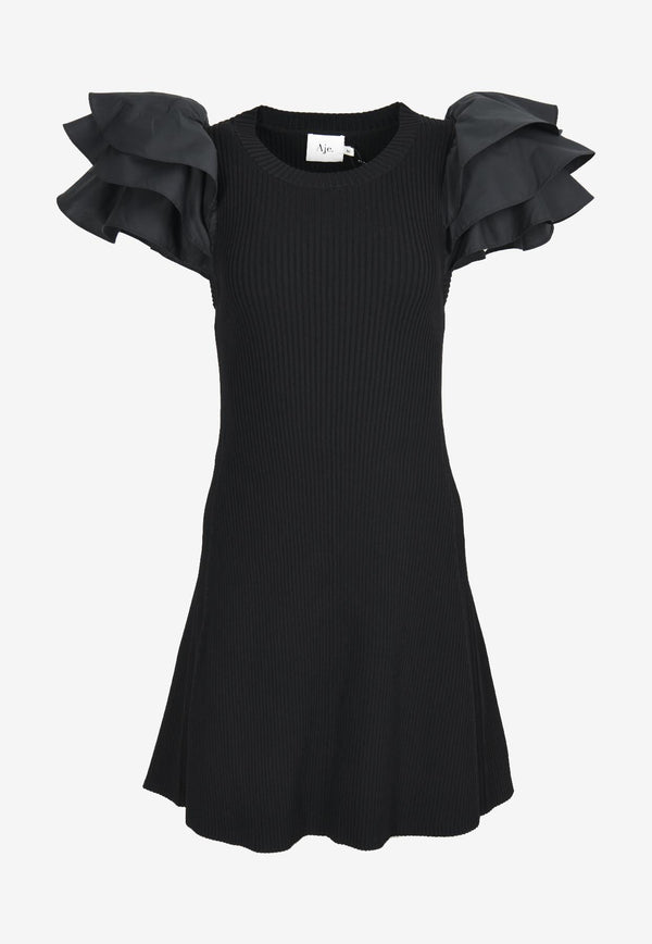 Aje Questa Puff-Sleeved Rib Knit Mini Dress Black 23AW5314BLACK