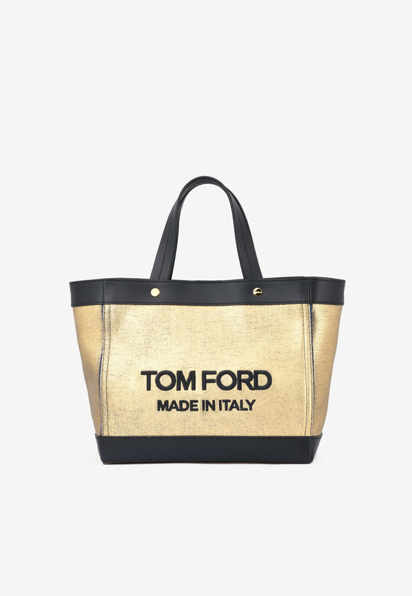 Tom Ford Mini Embroidered Logo Tote Bag in Coated Denim Gold L1494T-IDE014 C2909