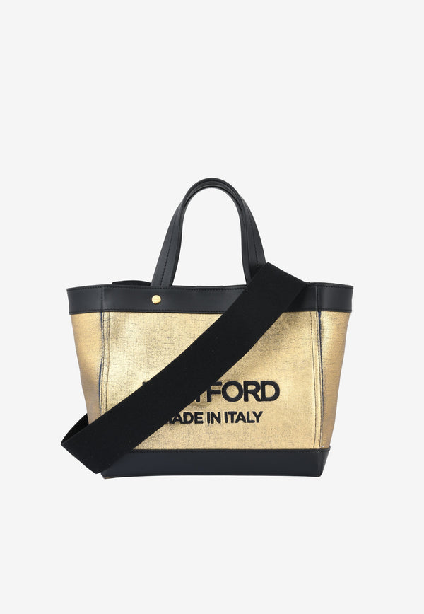 Tom Ford Mini Embroidered Logo Tote Bag in Coated Denim Gold L1494T-IDE014 C2909