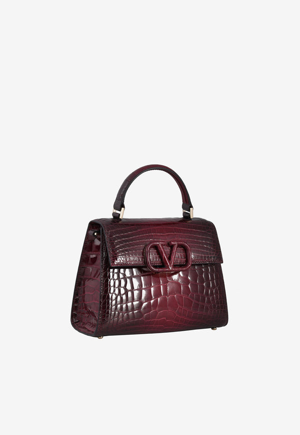 Valentino Small VSLING Top Handle Bag in Croc-Embossed Leather Burgundy XW0B0F53LIN C52