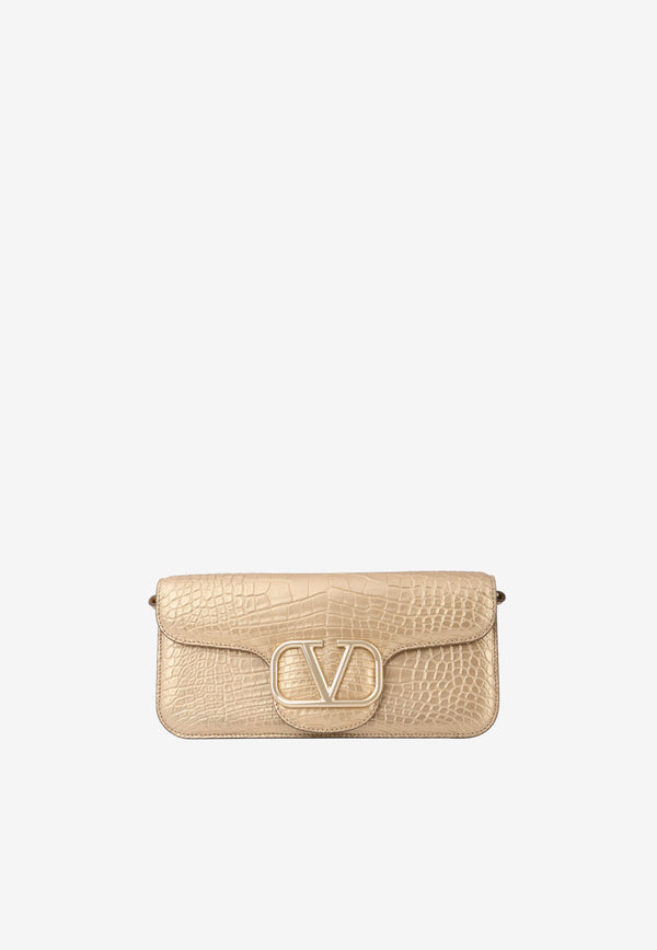 Valentino LOCÒ Croc-Embossed Shoulder Bag in Laminated Leather with VLogo Plaque Gold XW0B0K30YVW H08