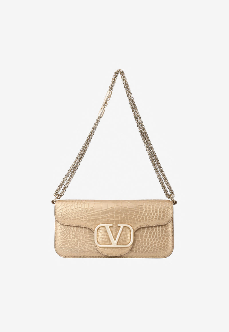 Valentino LOCÒ Croc-Embossed Shoulder Bag in Laminated Leather with VLogo Plaque Gold XW0B0K30YVW H08