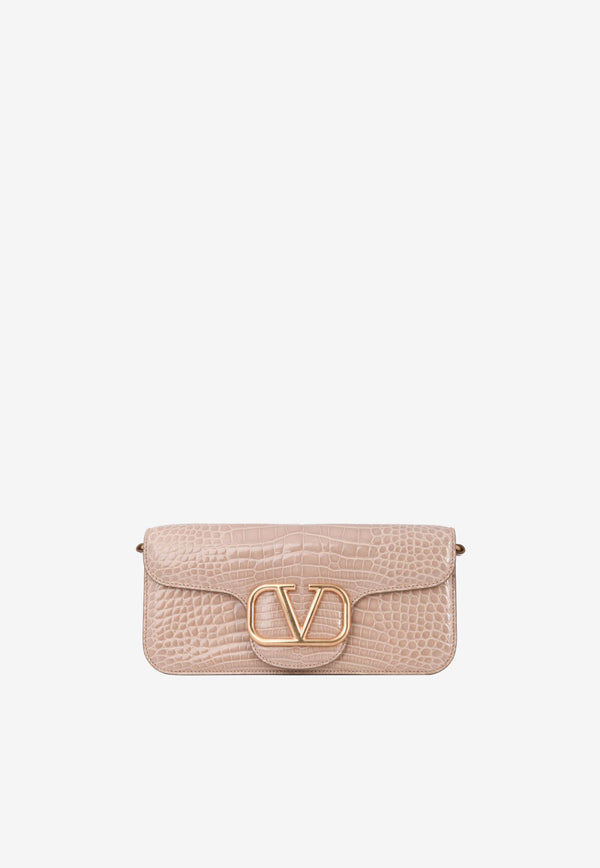 Valentino LOCÒ Croc-Embossed Shoulder Bag with VLogo Plaque Rose XW0B0K30WHF GF9