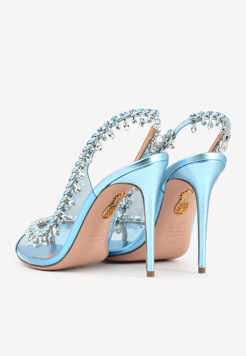 Aquazzura Temptation 105 Crystal Embellished Slingback Sandals Light Blue TEMHIGSC-NLPICE ICE