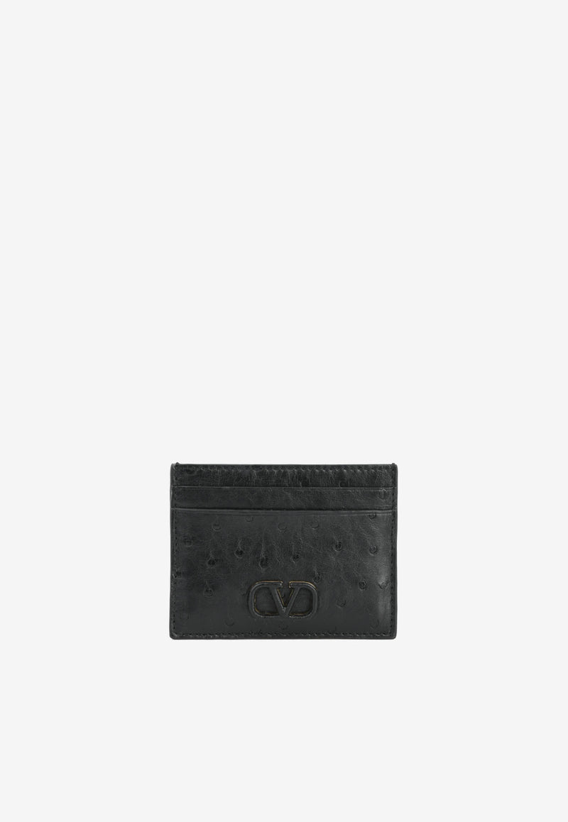 Valentino VLogo Cardholder in Ostrich Leather Black XW2P0V32CFQ 0NO