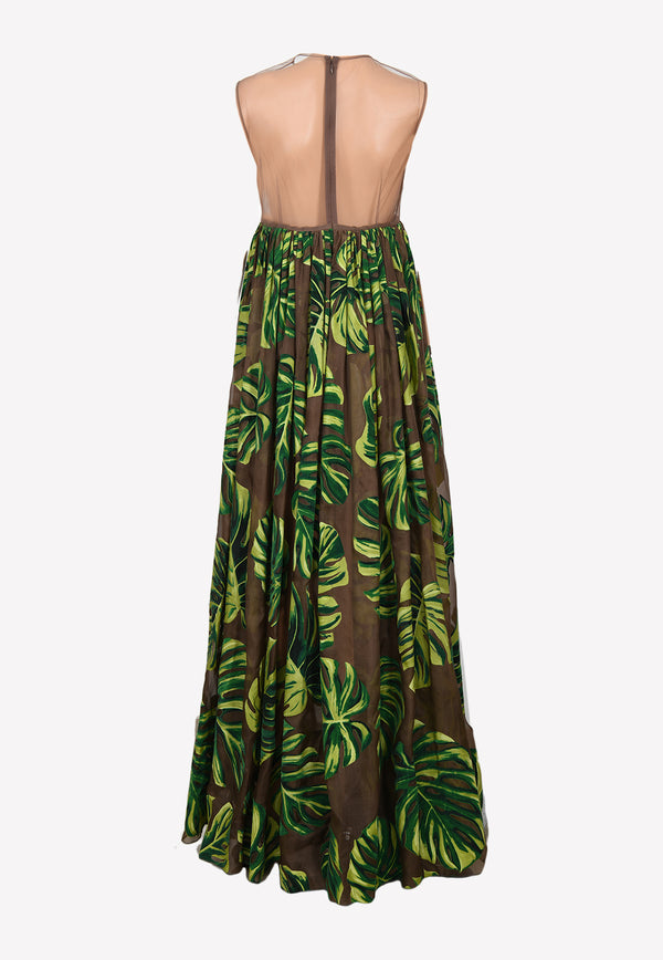 Dolce & Gabbana Leaf Print Pleated Sheer Maxi Dress Green F6J0TZ FI1X5 HM1RX