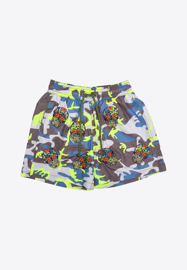 Les Canebiers All-Over Mexican Head Swim Shorts in Camo Yellow Multicolor All Over Mex-Camou/Yellow