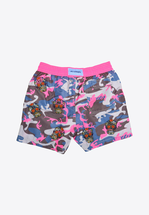 Les Canebiers All-Over Mexican Head Swim Shorts in Camo Rose Multicolor All Over Mex-Camou/Rose