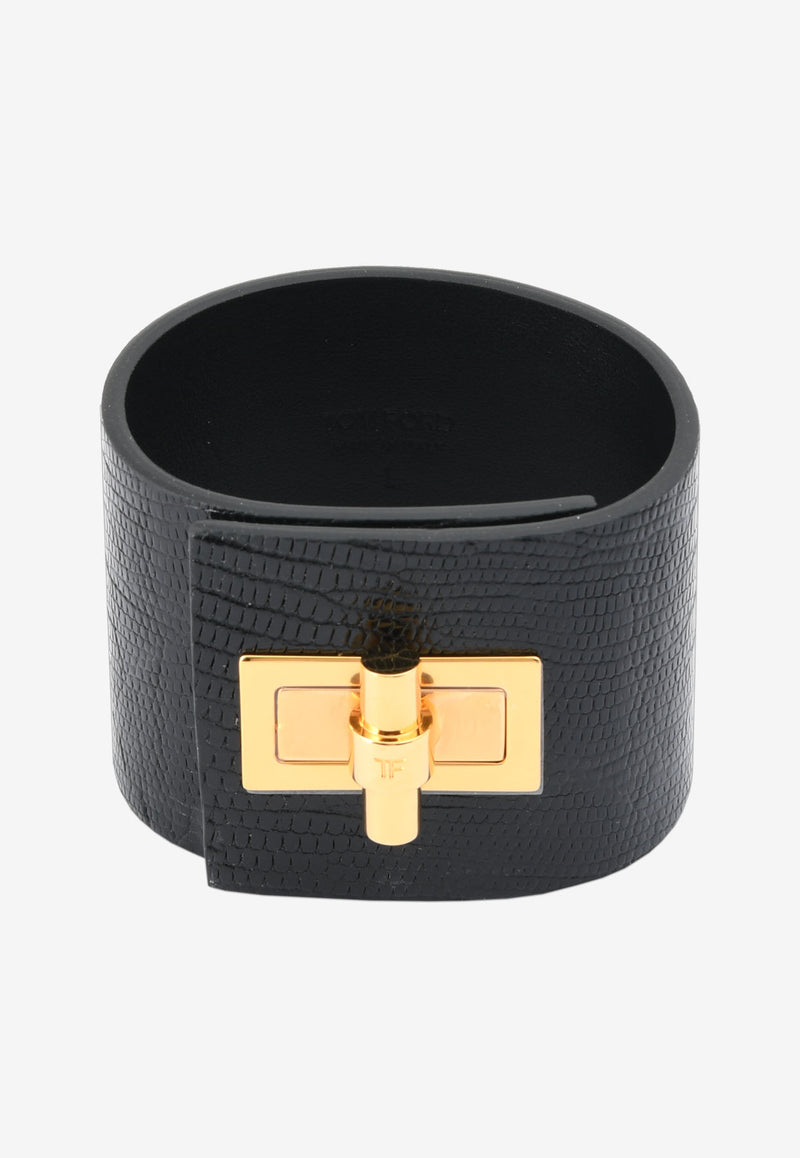 Tom Ford Wide Natalia Turnlock Buckle Cuff in Animal Print Leather Black JW0762-TEJBR BLG