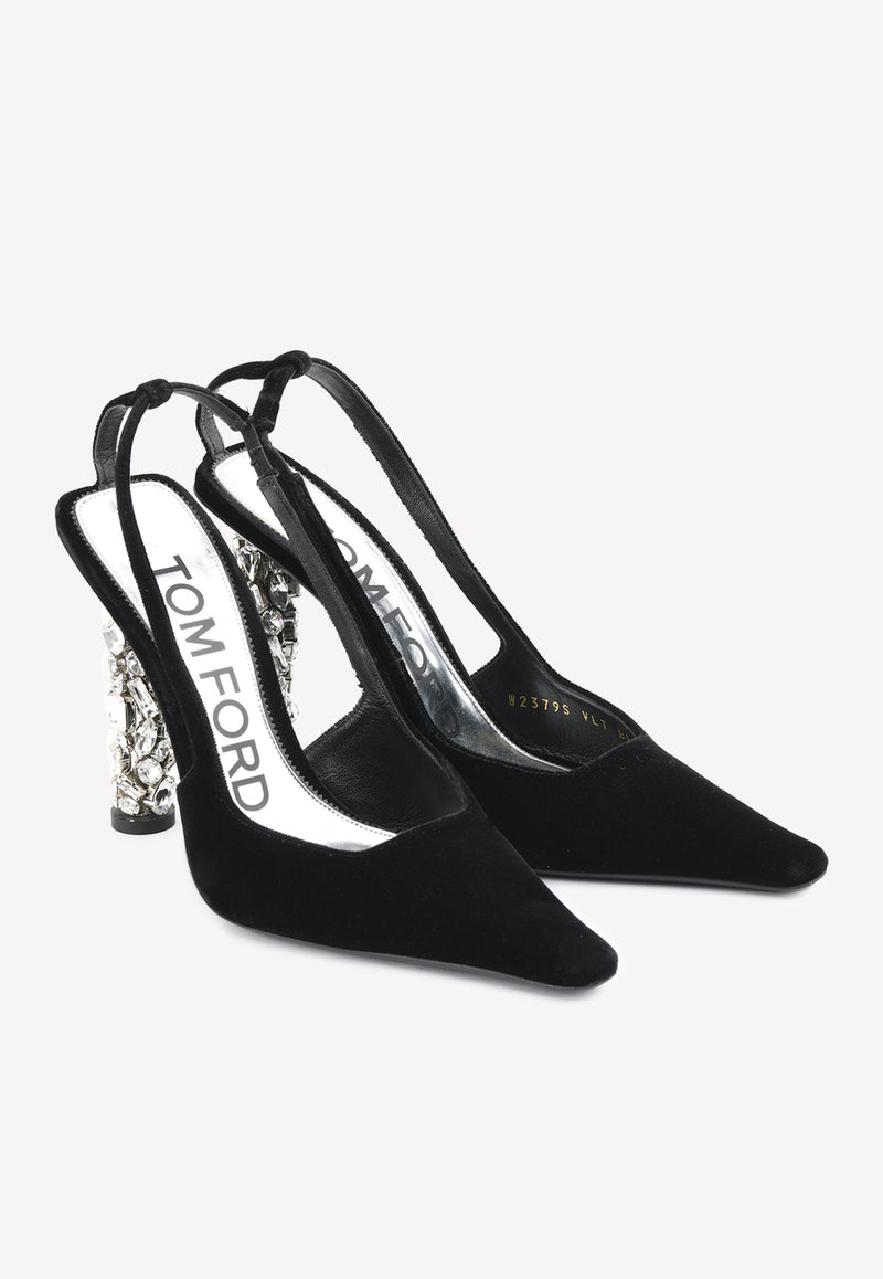 Tom Ford Jewel Heel 105 Slingback Velvet Pumps Black W2379S-VLT BLK