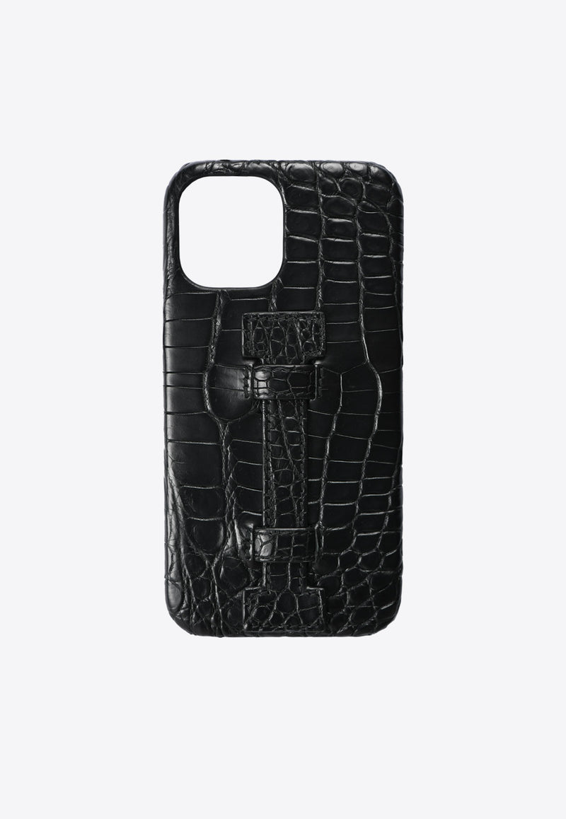 iPhone 12 Pro Max Case with Finger Handle in Croc Leather