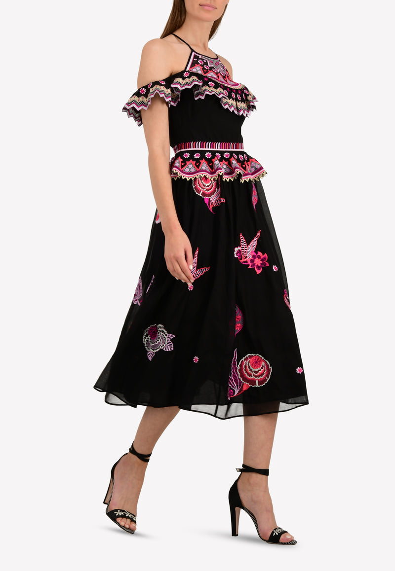 Temperley London Black Wild Flower Ruffle Dress 17UWFW51796