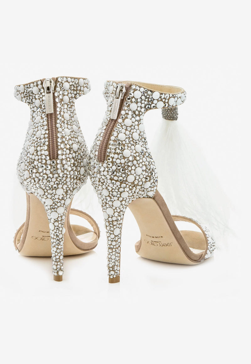 Jimmy Choo Viola 100 Crystal Suede Sandals with Feather Tassel White VIOLA 100 SXF WHITE/CRYSTAL MIX