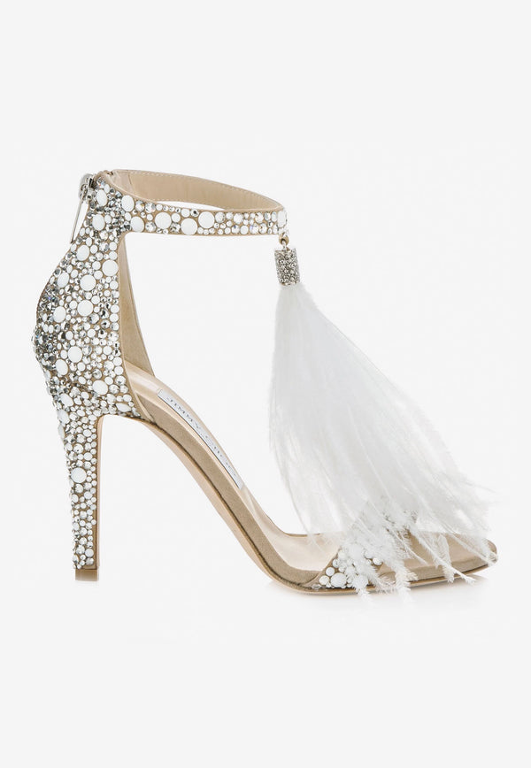 Jimmy Choo Viola 100 Crystal Suede Sandals with Feather Tassel White VIOLA 100 SXF WHITE/CRYSTAL MIX