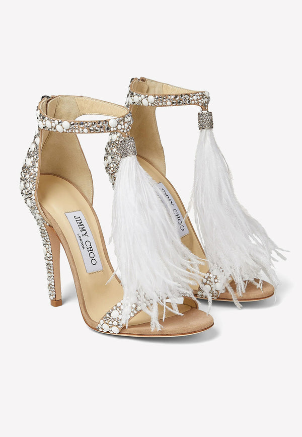 Jimmy Choo Viola 110 Crystal Suede Sandals with Feather Tassel Crystal VIOLA 110 SXF WHITE/CRYSTAL MIX