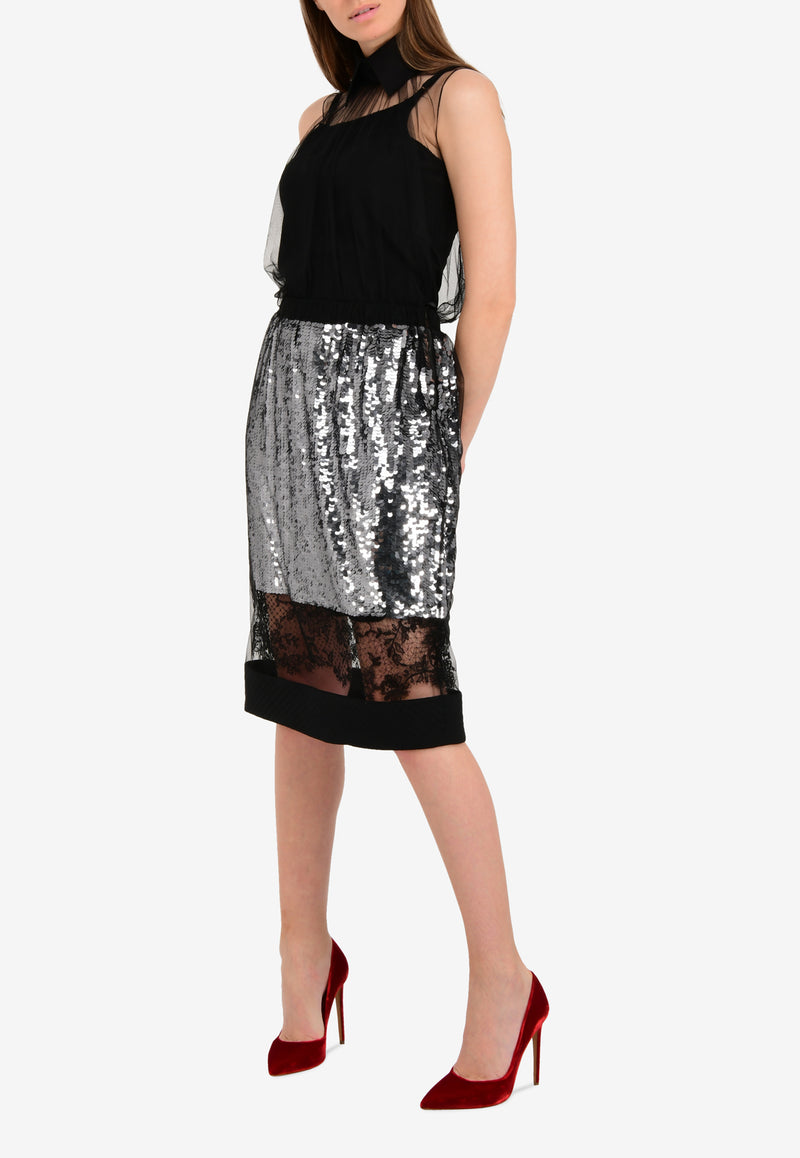 Lace Panel Tulle Sequin Pencil Skirt