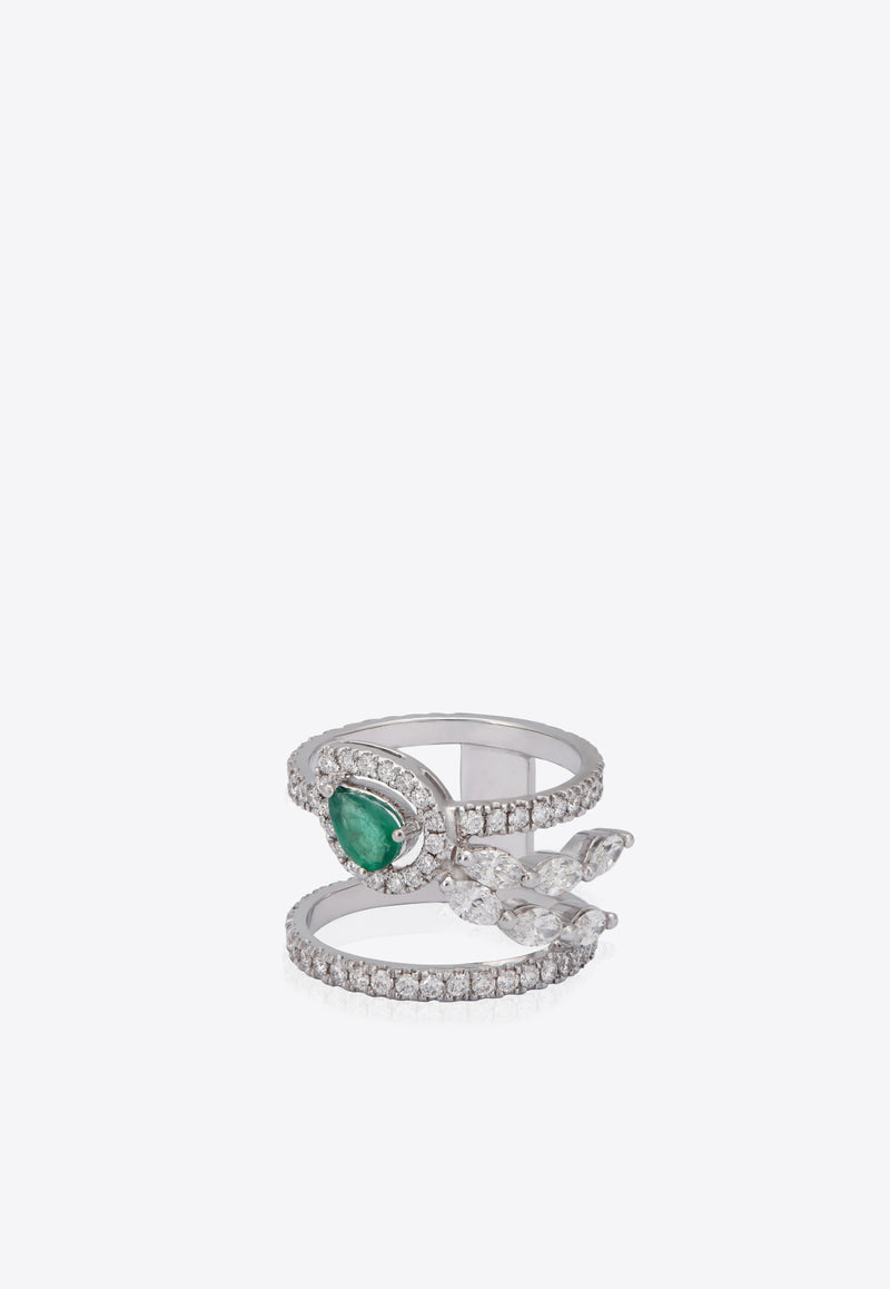 Dual-Band Ring in White Gold, Diamonds and Emerald