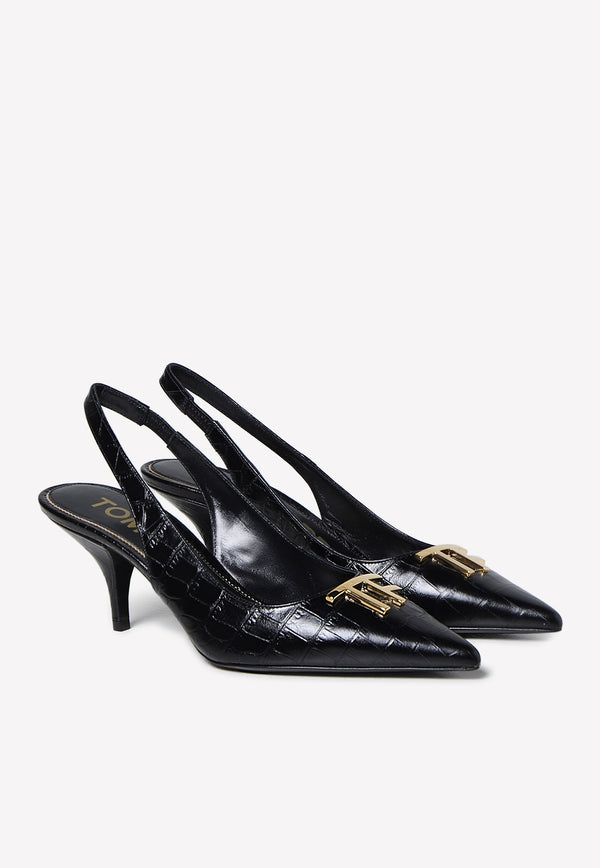 Tom Ford 75 Slingback Pumps in Croc Embossed Leather W3164-LCL125G 1N001 Black